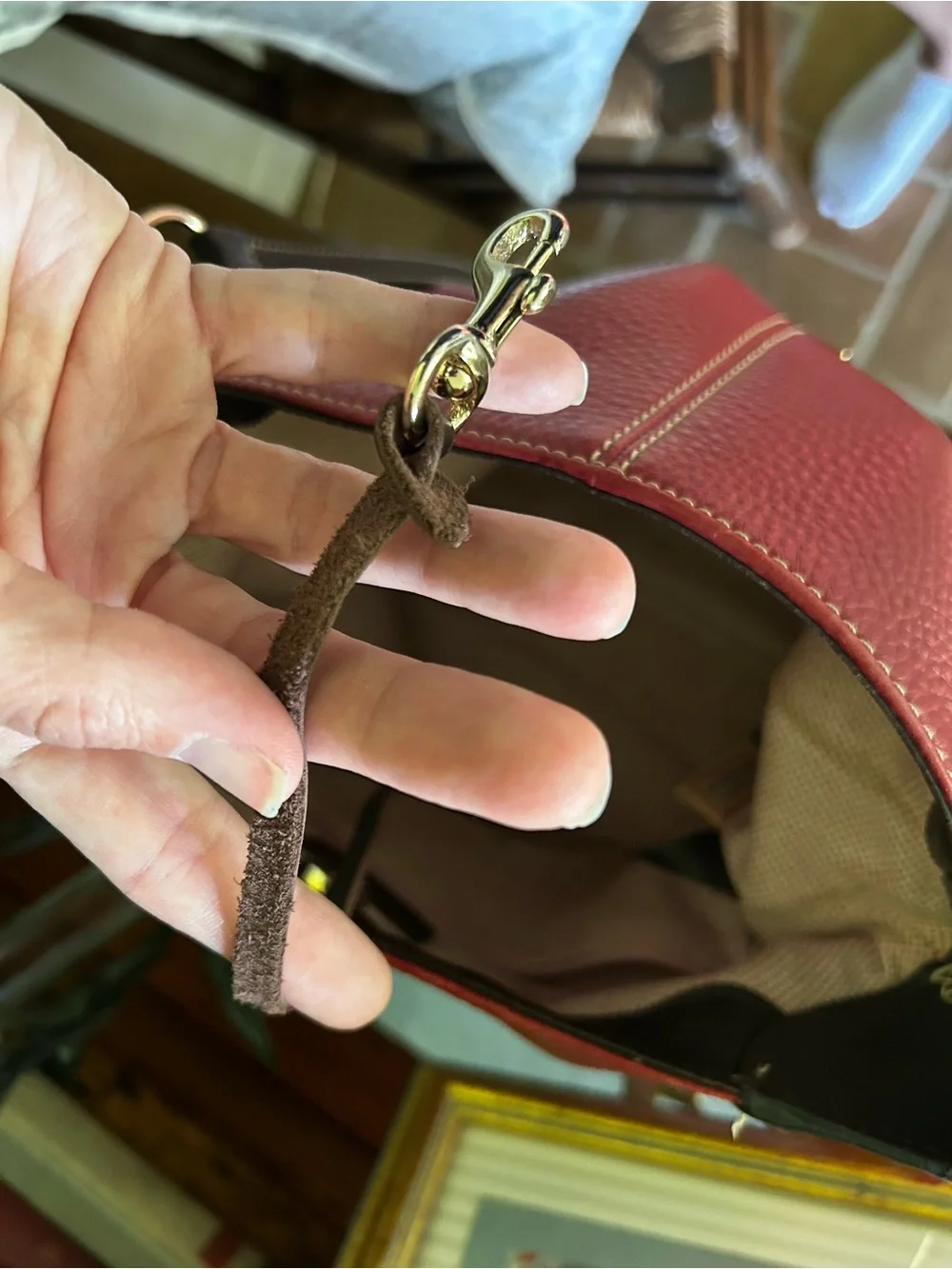 Dooney & Bourke Pebble Leather Hobo Bag in Red with Dark Brown Trim